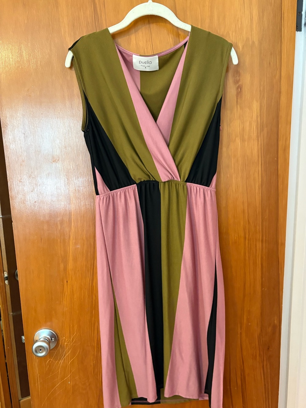 Anthropologie Puella Olive Green, Dusty Pink & Black Colorblock Wrap Dress